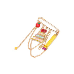 Designer Apple Pencil Book Charm Gold Plated Rhinestone Enamel Brooch