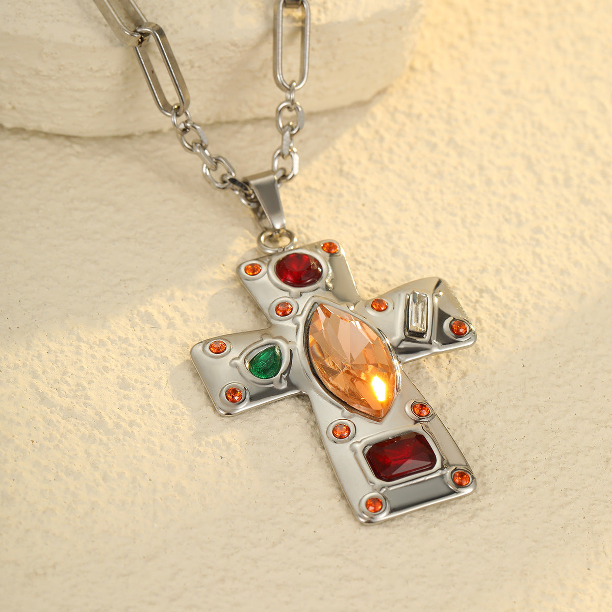 Jesus Cross Silver Brown Multi Gemstone Stainless Steel Anti Tarnish Pendant Chain Necklace For Women