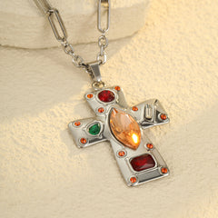 Jesus Cross Silver Brown Multi Gemstone Stainless Steel Anti Tarnish Pendant Chain Necklace For Women