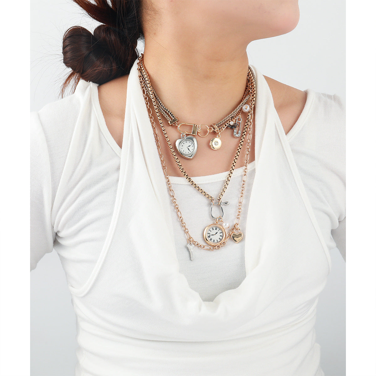 Multi-Layered Vintage Watch & Heart Charm Gold Silver Plated Necklace