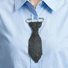 Designer Black Rhinestone Crystal Silver Tie Shape Brooch For Women