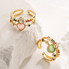 Green Pink White Heart Flower Gold CZ Adjustable Fancy Ring