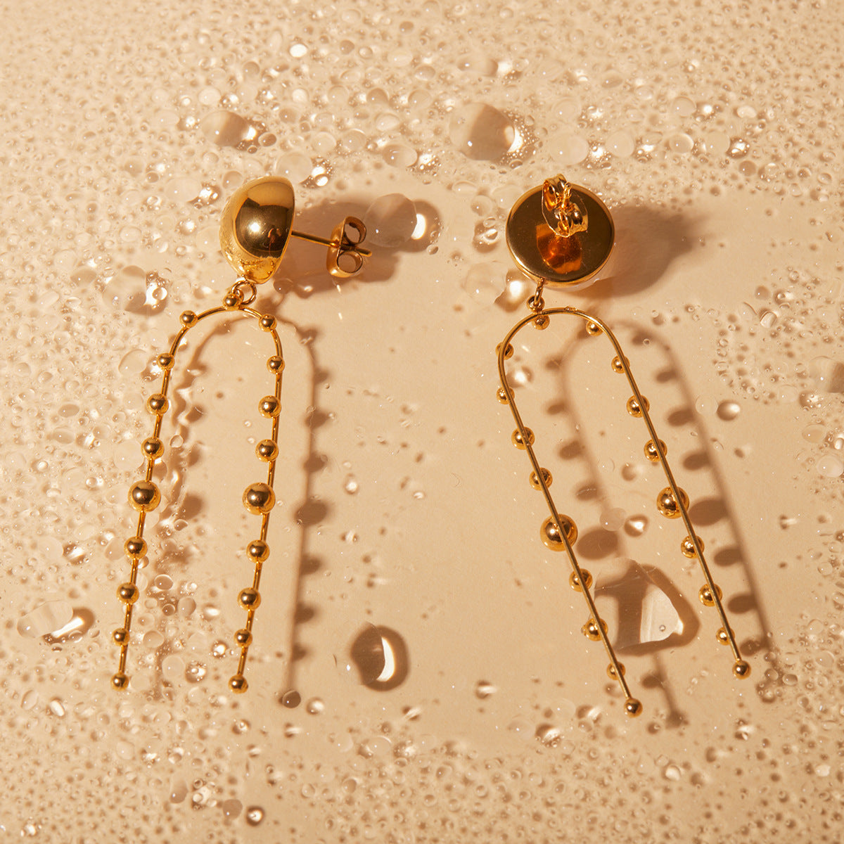 18K Gold Anti Tarnish Stainless Steel Ball Layer Tassel Dangler Earrings For Women