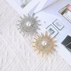 Designer Sunburst Gold Silver Plated CZ Pearl Alloy Brooch For Women