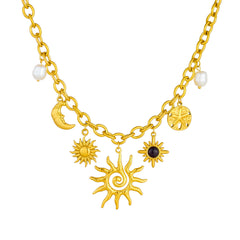Celestial Sun Moon Pearl Gold Plated Charm Stainless Steel Necklace