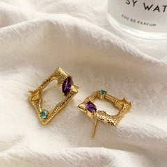 Multi Color Square Shape Gold Plated CZ Stainless Steel Stud Earrings