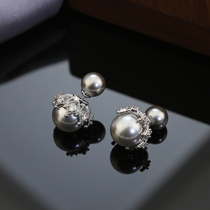 Designer Double Pearl Silver Plated CZ Anti Tarnish Copper Stud Earrings