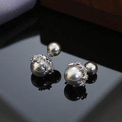 Designer Double Pearl Silver Plated CZ Anti Tarnish Copper Stud Earrings