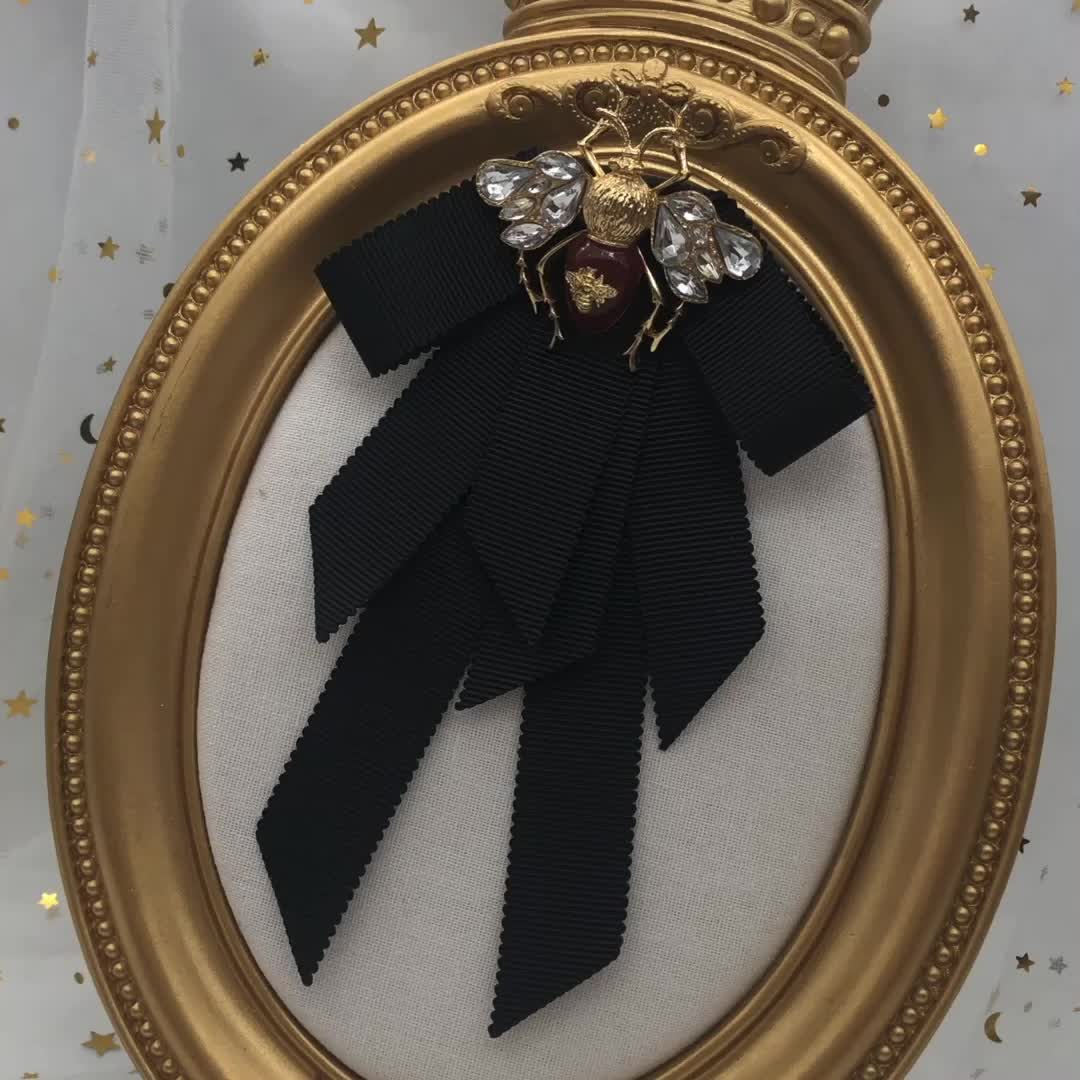 Bow Honey Bee Brown Black 18K Gold CZ Pearl Anti Tarnish Brooch