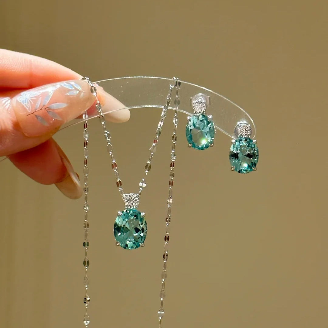 Designer Oval Cut Aquamarine CZ Silver Copper Necklace Earring Set