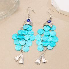 Designer Evil Eye Silver Blue Beaded Tassel Drop Earrings For Women