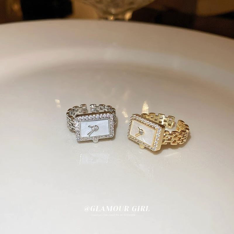 Luxury Rectangular Watch Gold Plated Pearl Alloy Fancy Ring For Women
