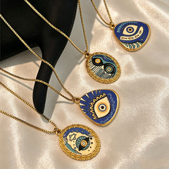 Designer Evil Eye Gold Blue & White Enamel Stainless Steel Necklace
