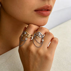 Dual Tone Gold Silver CZ Crystal Chain Stainless Steel Cocktail Ring