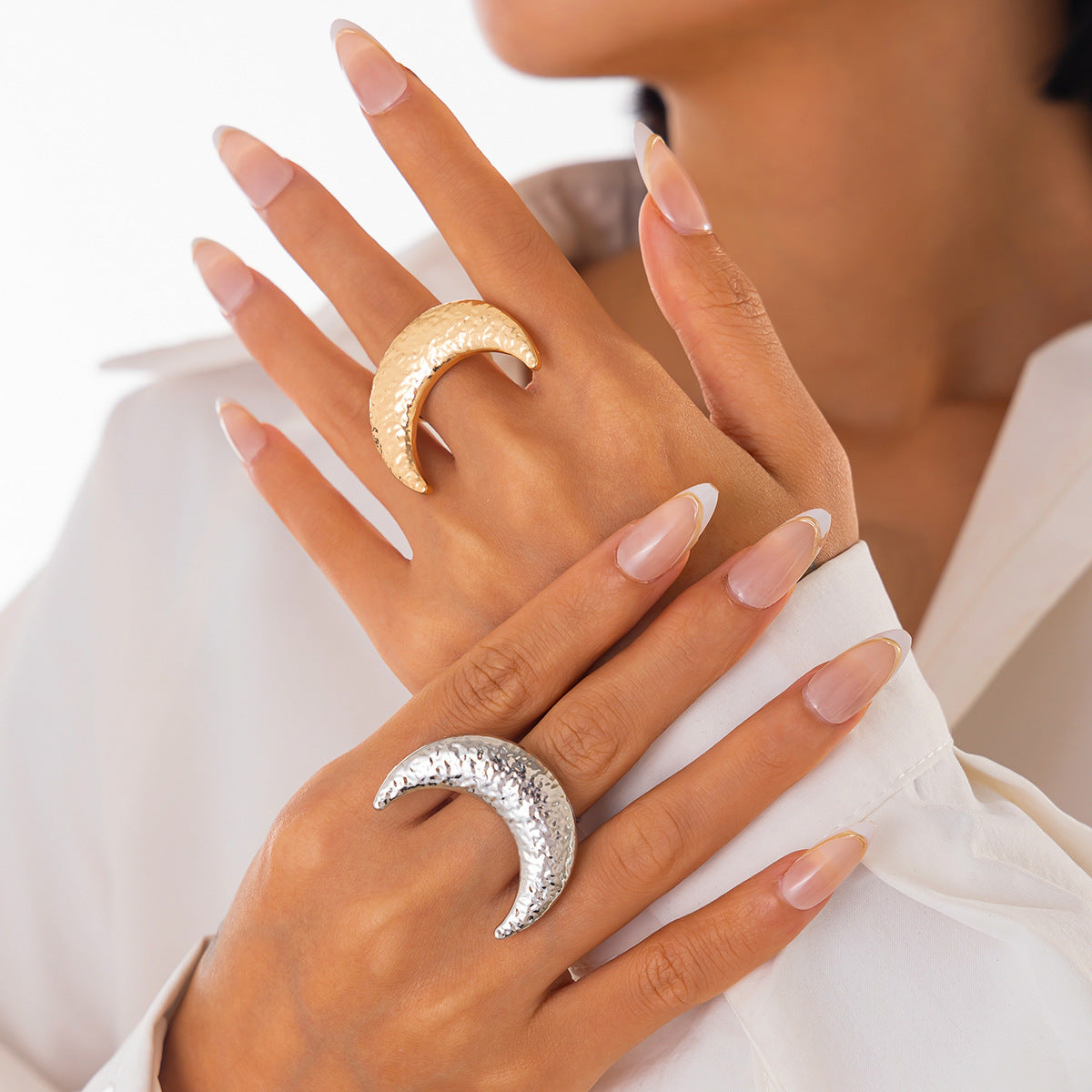 Beaten Finish Crescent Moon 18K Gold Free Size Ring For Women