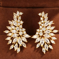 Premium Marquise Cut Leaf Gold Silver Plated CZ Copper Stud Earrings