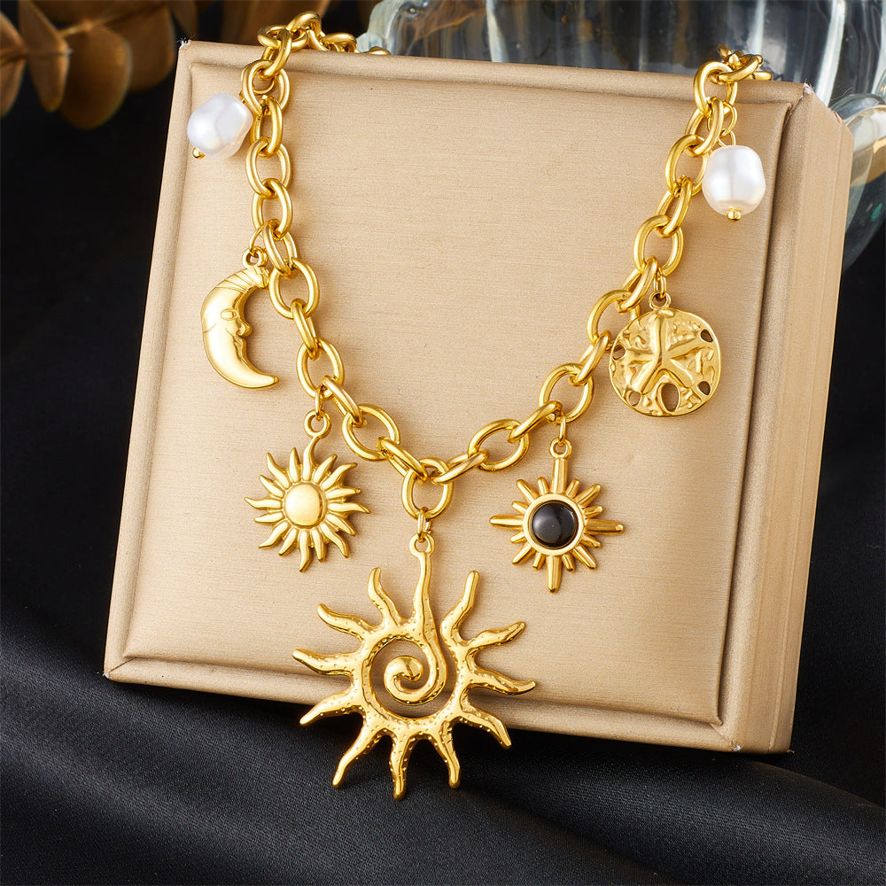 Celestial Sun Moon Pearl Gold Plated Charm Stainless Steel Necklace