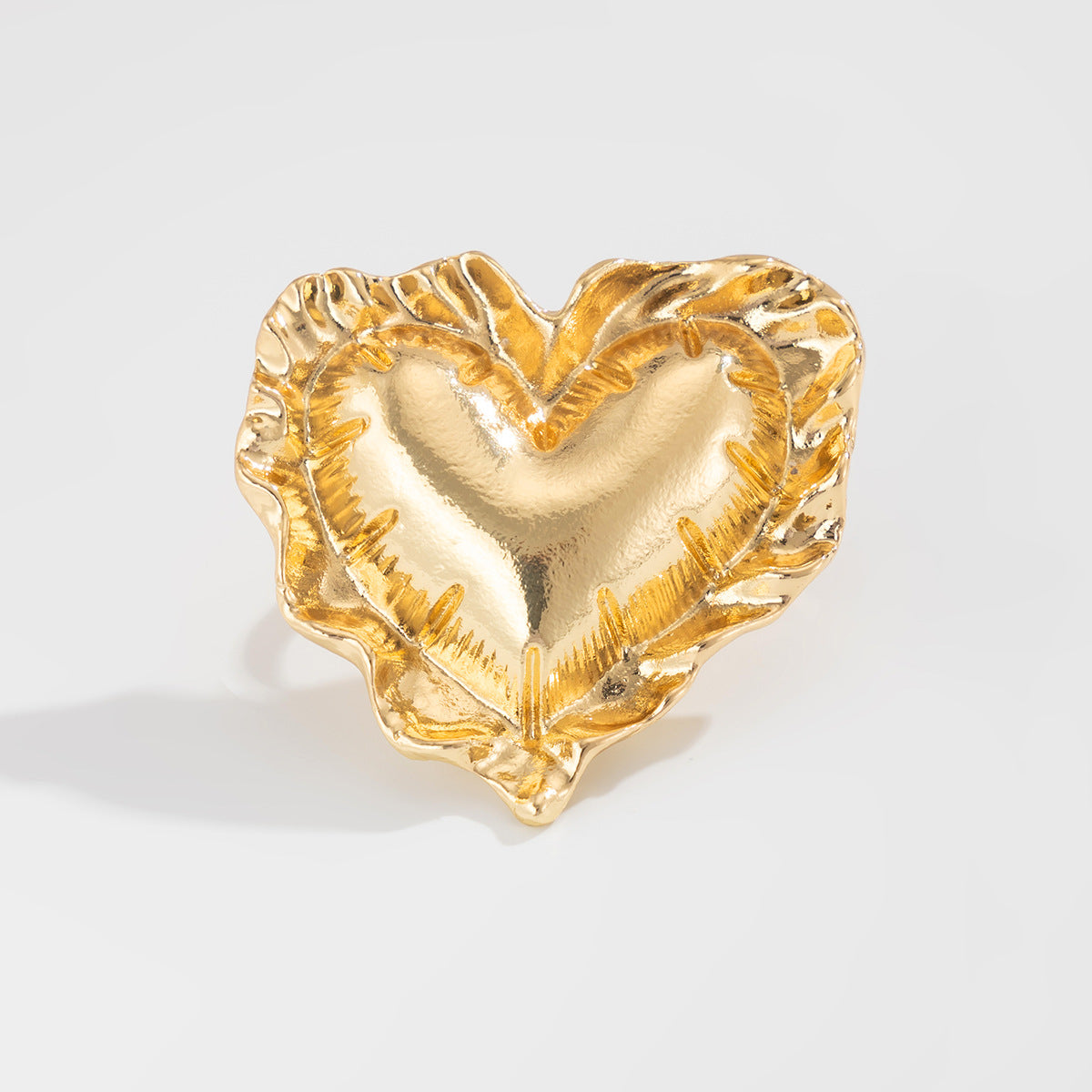 Beaten Finish Heart 18K Gold Plated Free Size Ring For Women