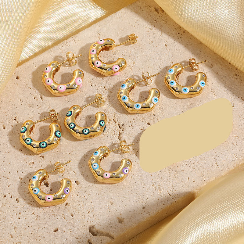 Evil Eye Gold CZ Anti Tarnish Stainless Steel Hoop Earrings