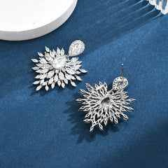 Luxury White Floral CZ Silver Plated Copper Chandelier Drop Earrings