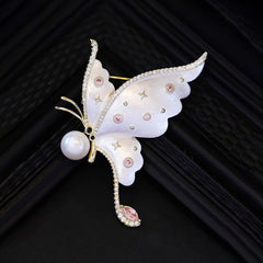 White Black Butterfly Gold Plated CZ Pearl Brass Anti Tarnish Brooch