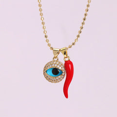 Blue Evil Eye Red Chili Charm Gold CZ Enamel Copper Pendant Chain