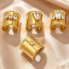 Designer Wide Band Gold Plated CZ Stainless Steel Anti Tarnish Fancy Ring