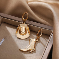 Trendy Western Boot & Hat Design Gold Plated Plain Alloy Hoop Earrings