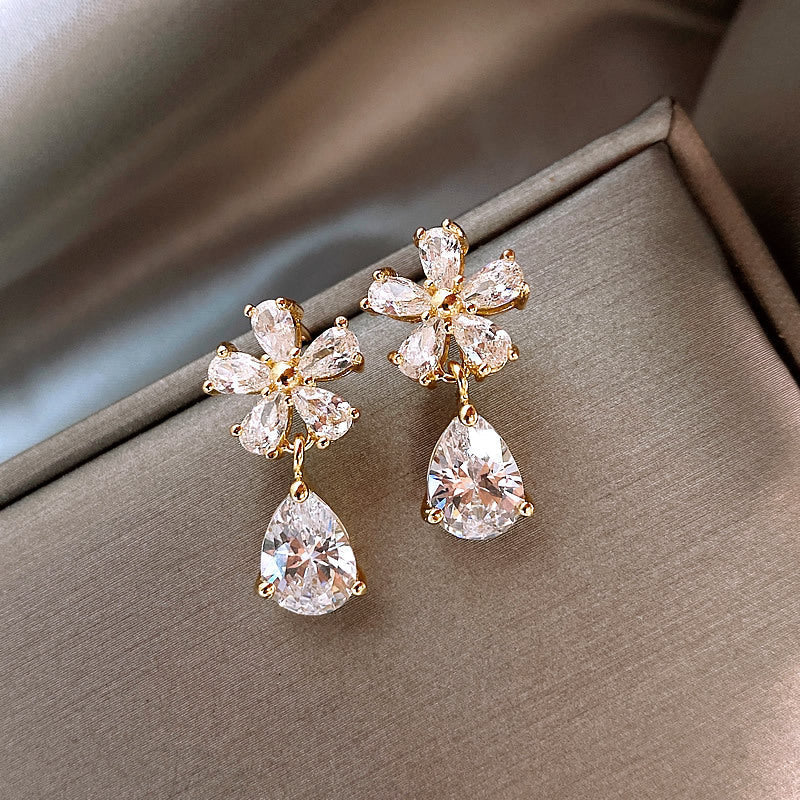Gold Silver Flower Cubic Zirconia Dangler Earrings For Women