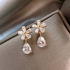 Gold Silver Flower Cubic Zirconia Dangler Earrings For Women