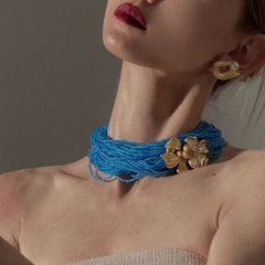 Turquoise Blue Multi Strand Floral Choker Gold Plated Copper Necklace