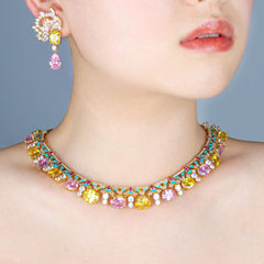 Elegant Gold Tone Pink Yellow White CZ Copper Necklace Earring Set