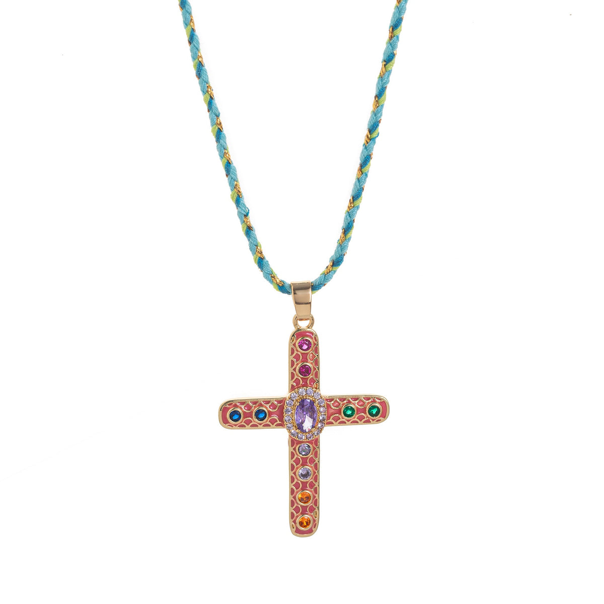 Cross Rosary Prayer Crystal Enamel 18K Gold Thread Anti Tarnish Necklace Pendant For Women