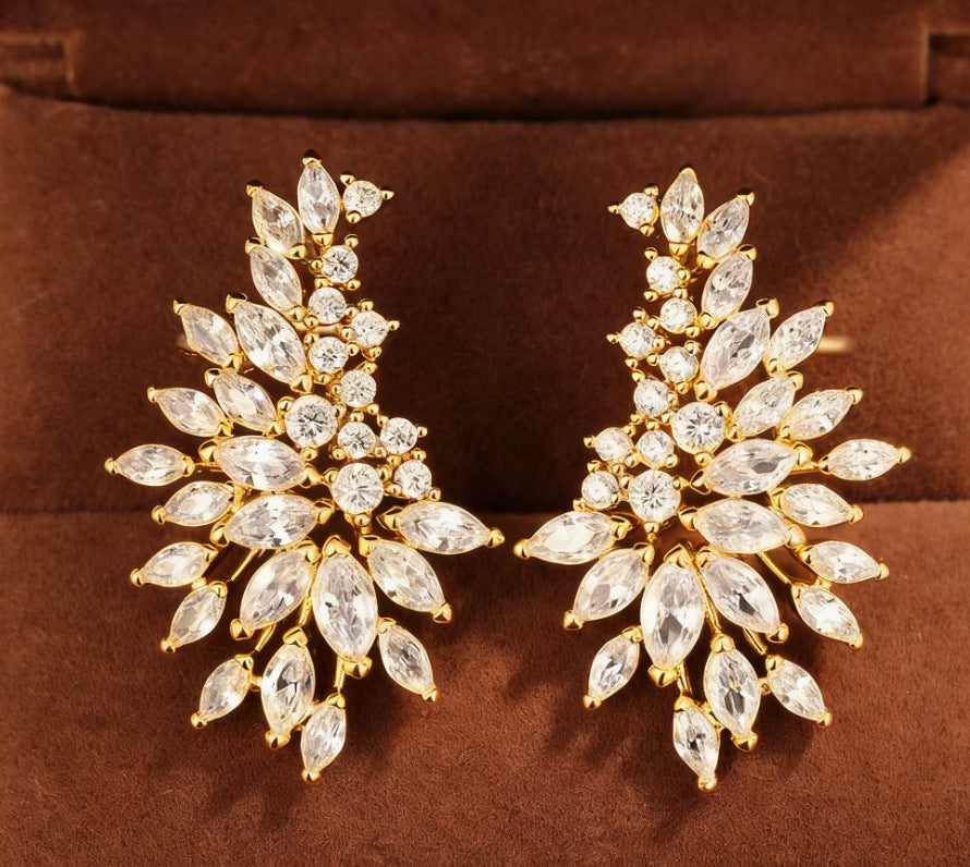 Premium Marquise Cut Leaf Gold Silver Plated CZ Copper Stud Earrings