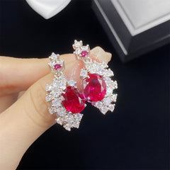 Oval Ruby Red Stone Silver Plated CZ Copper Necklace Combo Set For Women