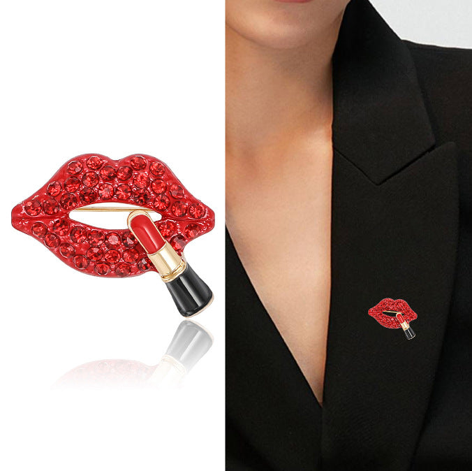 Red Lips & Lipstick Gold Plated Rhinestone Brooch For Women 