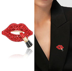 Red Lips & Lipstick Gold Plated Rhinestone Brooch For Women 