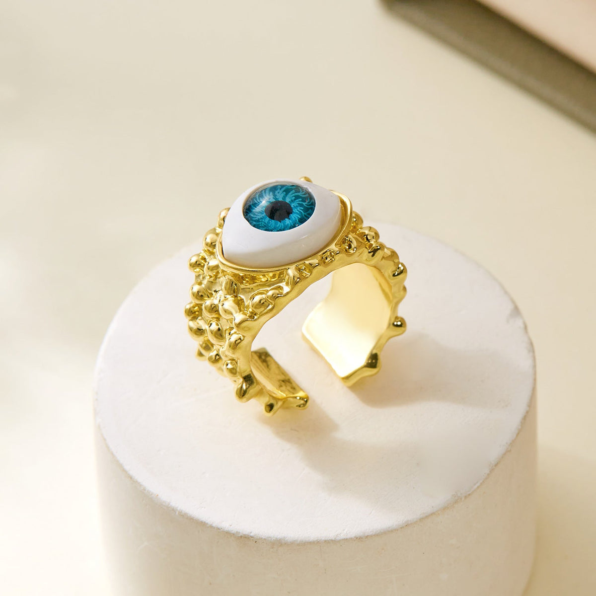 Evil Eye 18K Gold Blue Anti Tarnish Adjustable Band Ring For Women