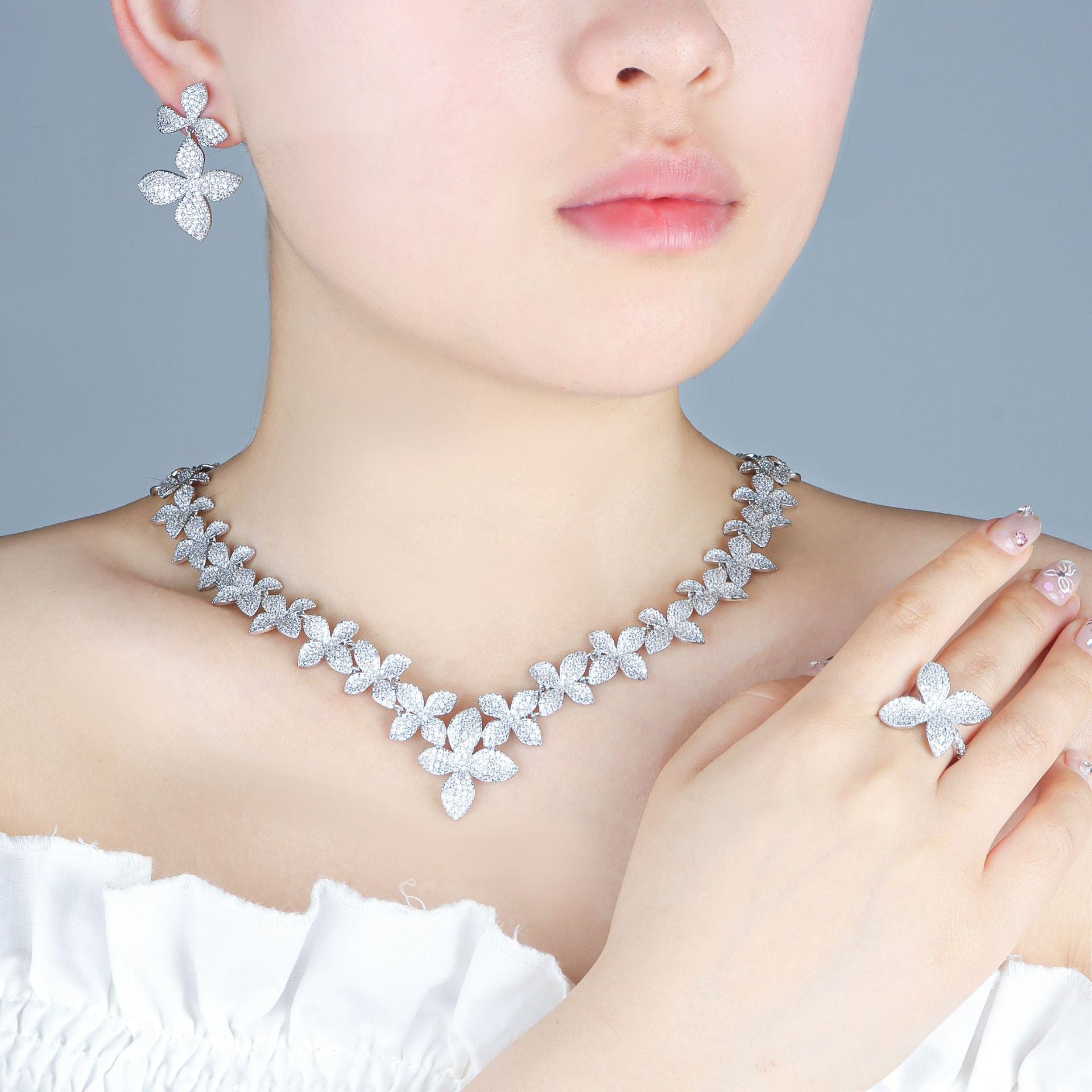 Designer Floral Silver Plated CZ Anti Tarnish Copper Necklace Combo Set