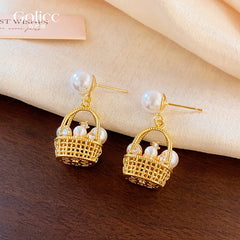 Gold  Basket Pearl  Anti Tarnish Copper Dangler Earrings For Women