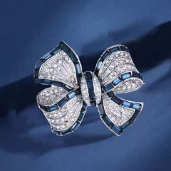 Blue Baguette Ribbon Bow Silver Plated CZ Copper Anti Tarnish Brooch