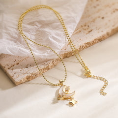 White Celestial Moon Star Gold Mother Of Pearl Copper Pendant Chain Women