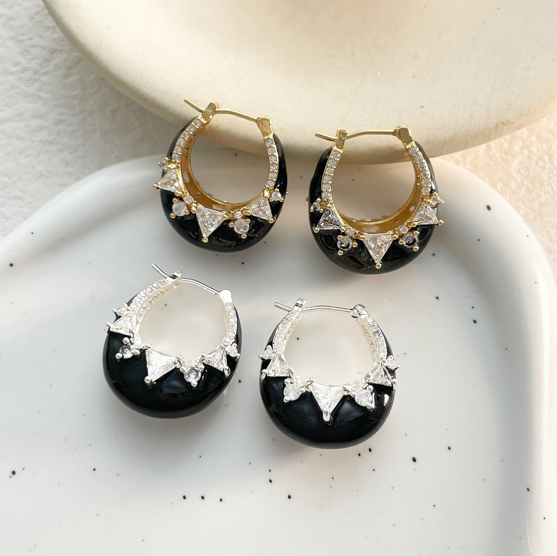 Solitaire Enamel Black 18K Gold Silver Anti Tarnish Hoop Earring