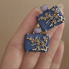 Blue Flower Gold Enamel  Anti Tarnish Copper Stud Earrings Women