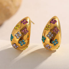 Flower Multi 18K Gold Cubic Zirconia Stainless Steel Stud Earring For Women