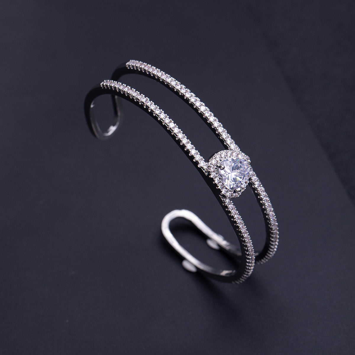 Heart Layered Silver Plated CZ Anti Tarnish Copper Cuff & Kada