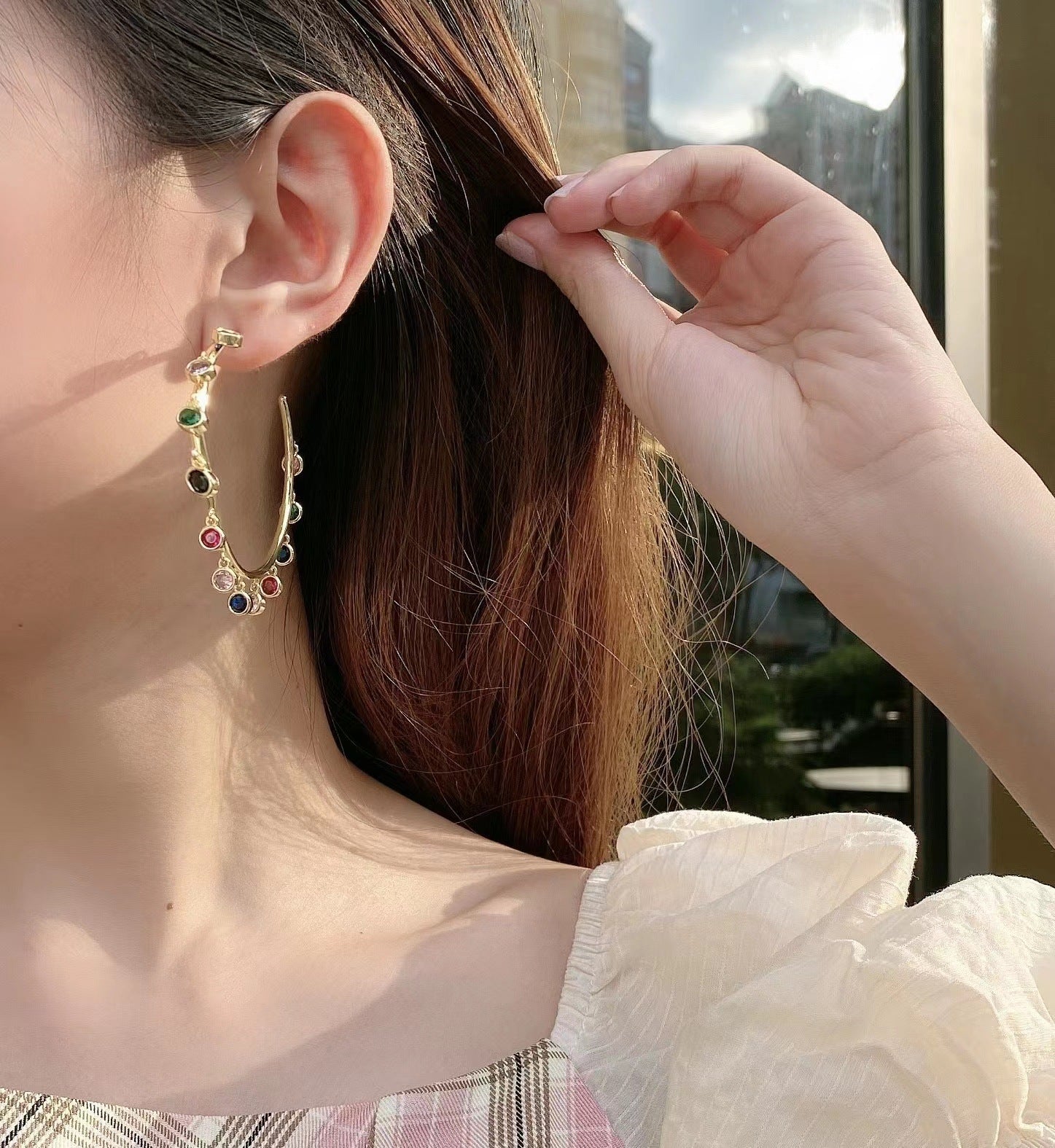 Oval Rainbow Crystal 18K Gold Plated Anti Tarnish Hoop Earring For Women