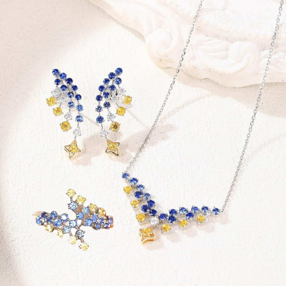 Multicolour Solitaire Brown Blue Cubic Zirconia Silver Anti Tarnish Necklace Earring Ring Set For Women