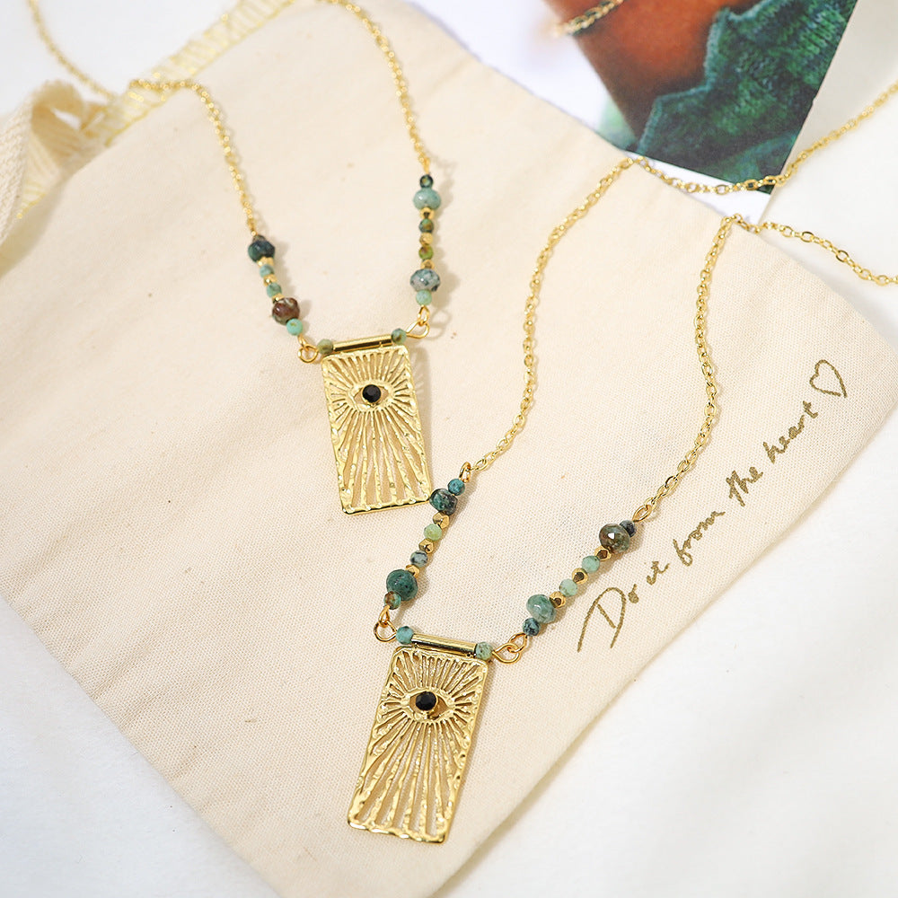 Designer Green Beads Gold Plated Sunburst Stainless Steel Necklace