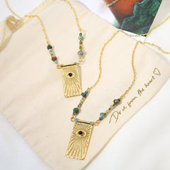 Designer Green Beads Gold Plated Sunburst Stainless Steel Necklace